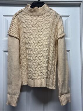 Love Riche Cream Cable Knit Mock Neck Sweater Tan Stitching Detail Small